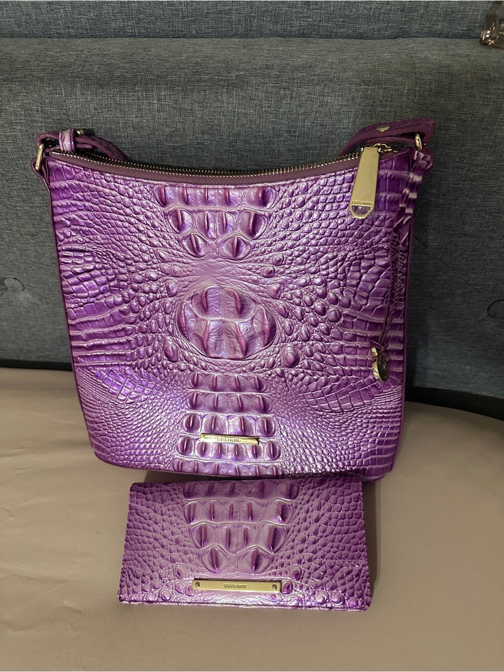 Brahmin Purple Croc-Embossed Shoulder Bag with Matching Wallet